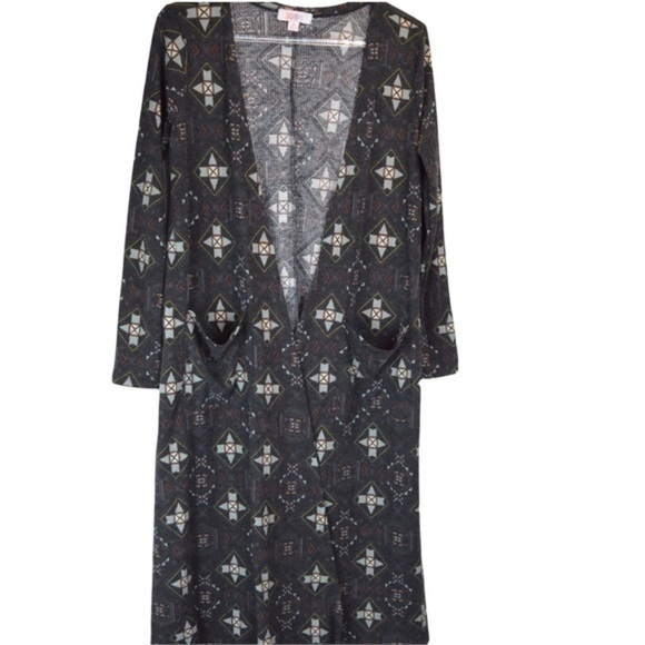 LuLaRoe Long Open Front Sarah Cardigan with Pockets, Charcoal Gray with Print - Picture 1 of 8